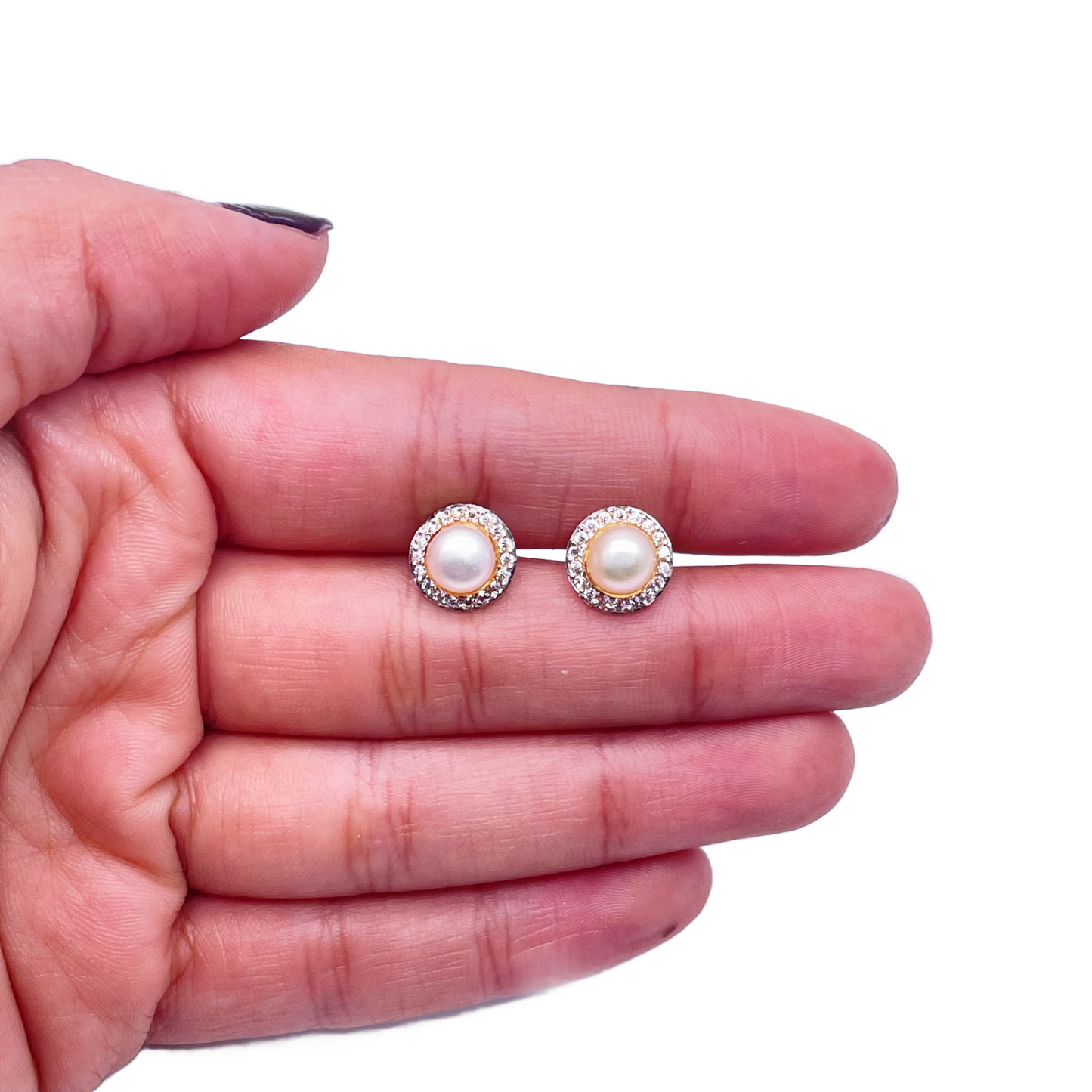 22ct Yellow Gold Elegant Freshwater Pearl & Cubic Zirconia Pair of Stud Earrings