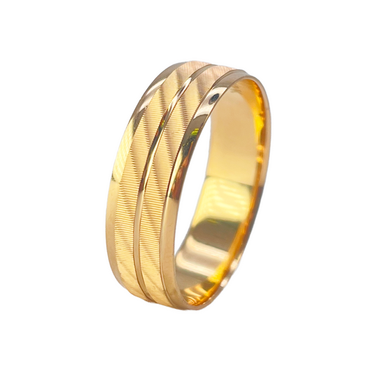 22ct Yellow Gold High Polished & Double Row Textured Men's Wedding Band 6mm