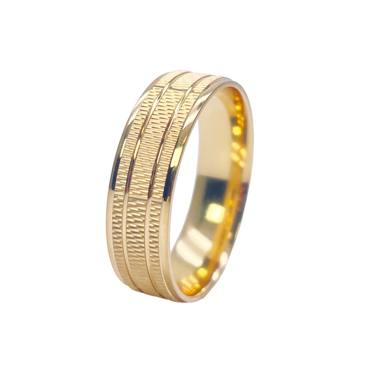 22ct Yellow Gold High Polished & Triple Row Textured Men's Wedding Band 6mm