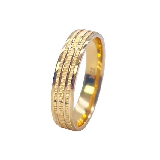 22ct Yellow Gold High Polished & Triple Row Textured Women's Wedding Band 4mm