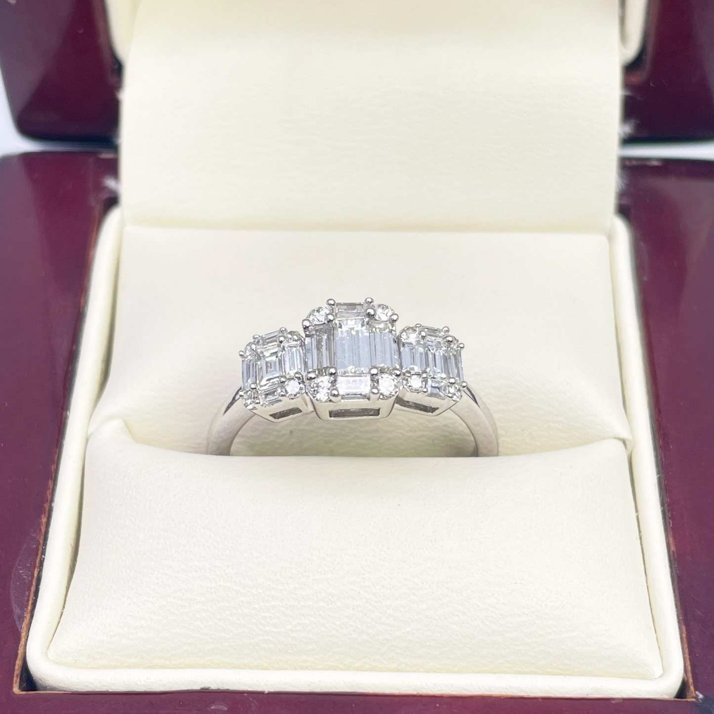 18ct White Gold Round Diamond & Baguette Trilogy Ring 0.98ct