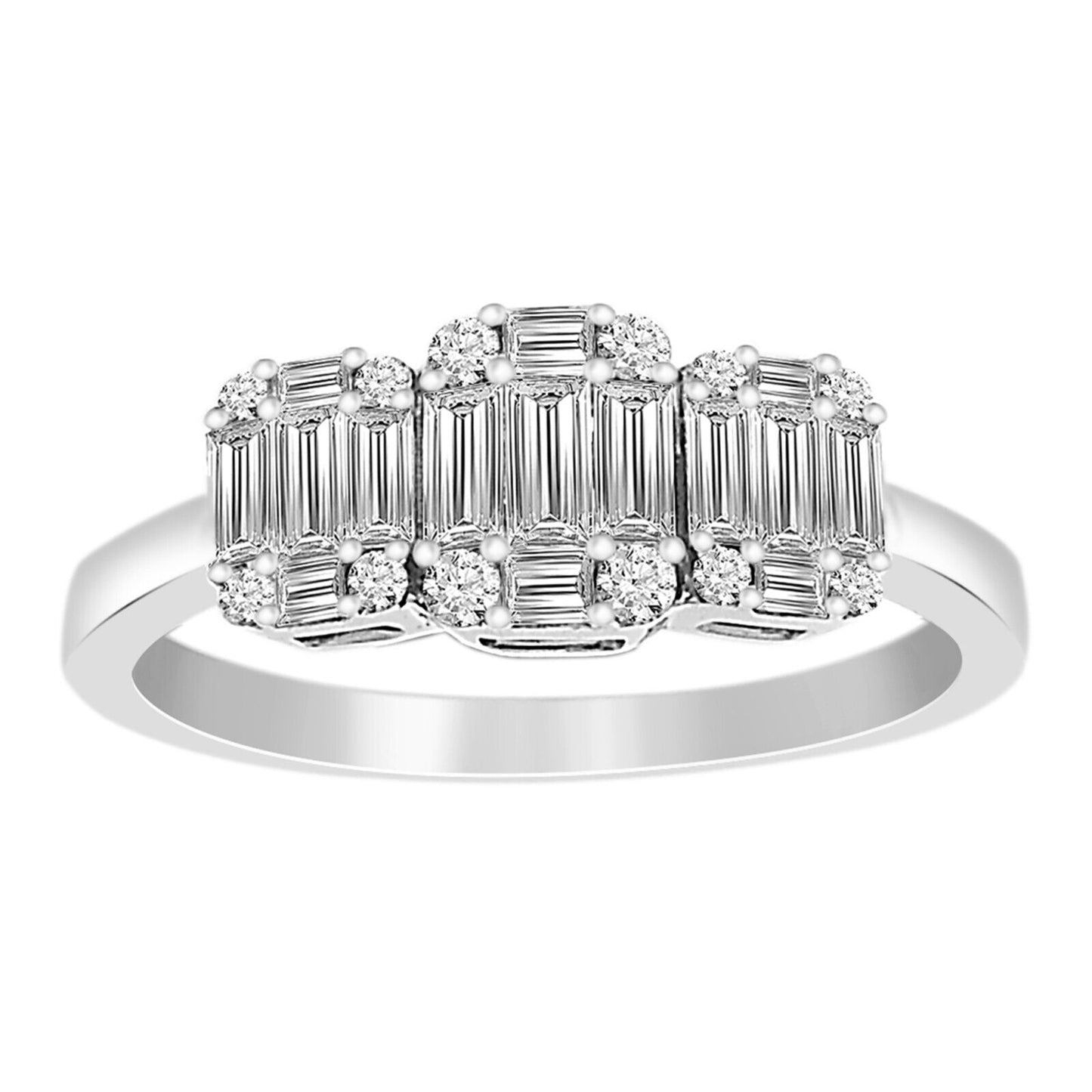 18ct White Gold Round Diamond & Baguette Trilogy Ring 0.58ct