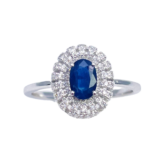 18ct White Gold Natural Blue Sapphire & Diamond Oval Cluster Ring 0.77ct