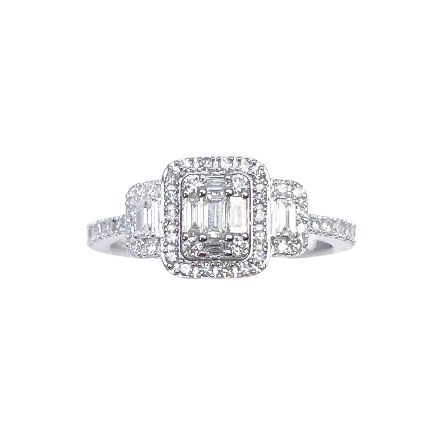 18ct White Gold Cushion Round Diamond & Baguette Ring 0.50ct