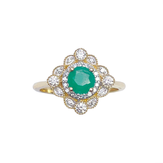 14ct Yellow Gold Round Green Emerald & Diamond Cluster Milgrain Ring 0.72ct