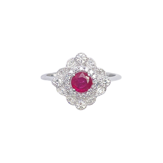 14ct White Gold Round Red Ruby & Diamond Cluster Milgrain Ring 0.72ct