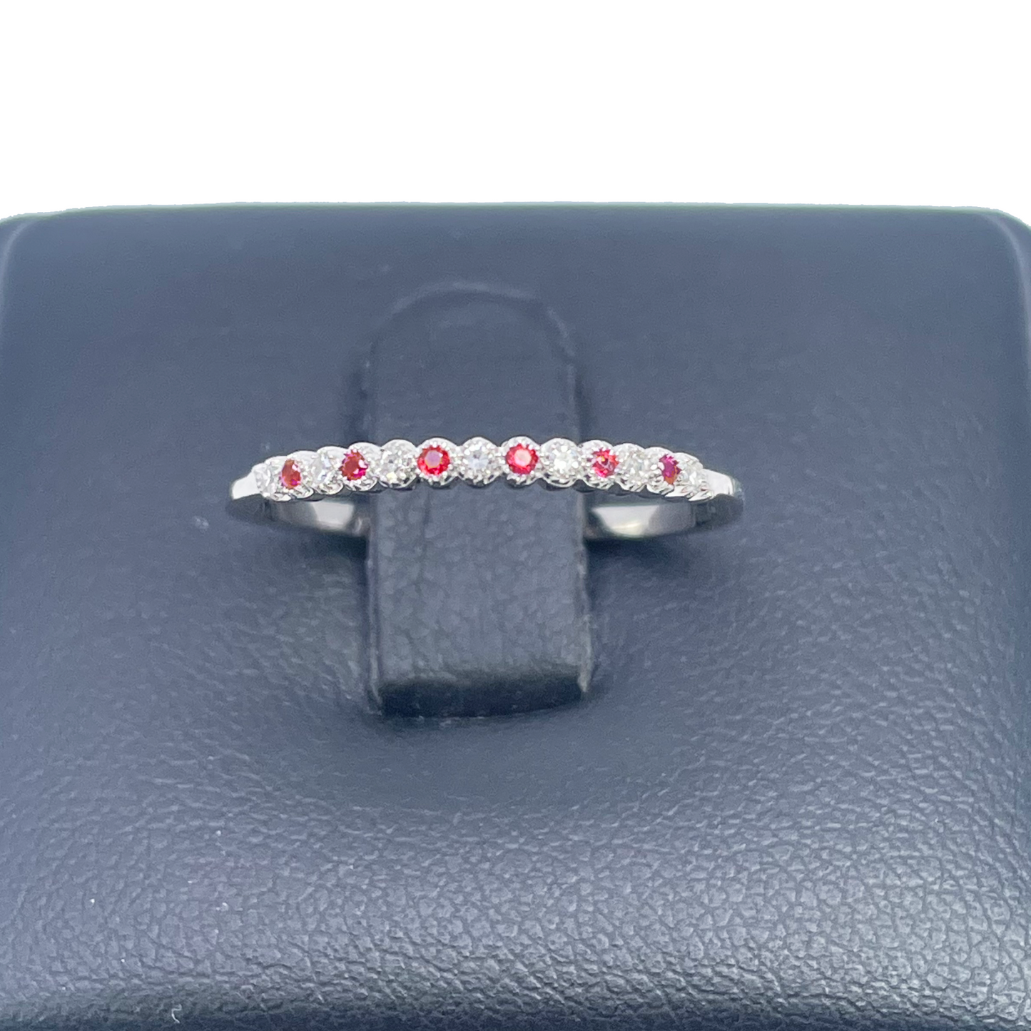 18ct White Gold Diamond & Ruby Half Eternity Milgrain Stackable Band 0.09ct