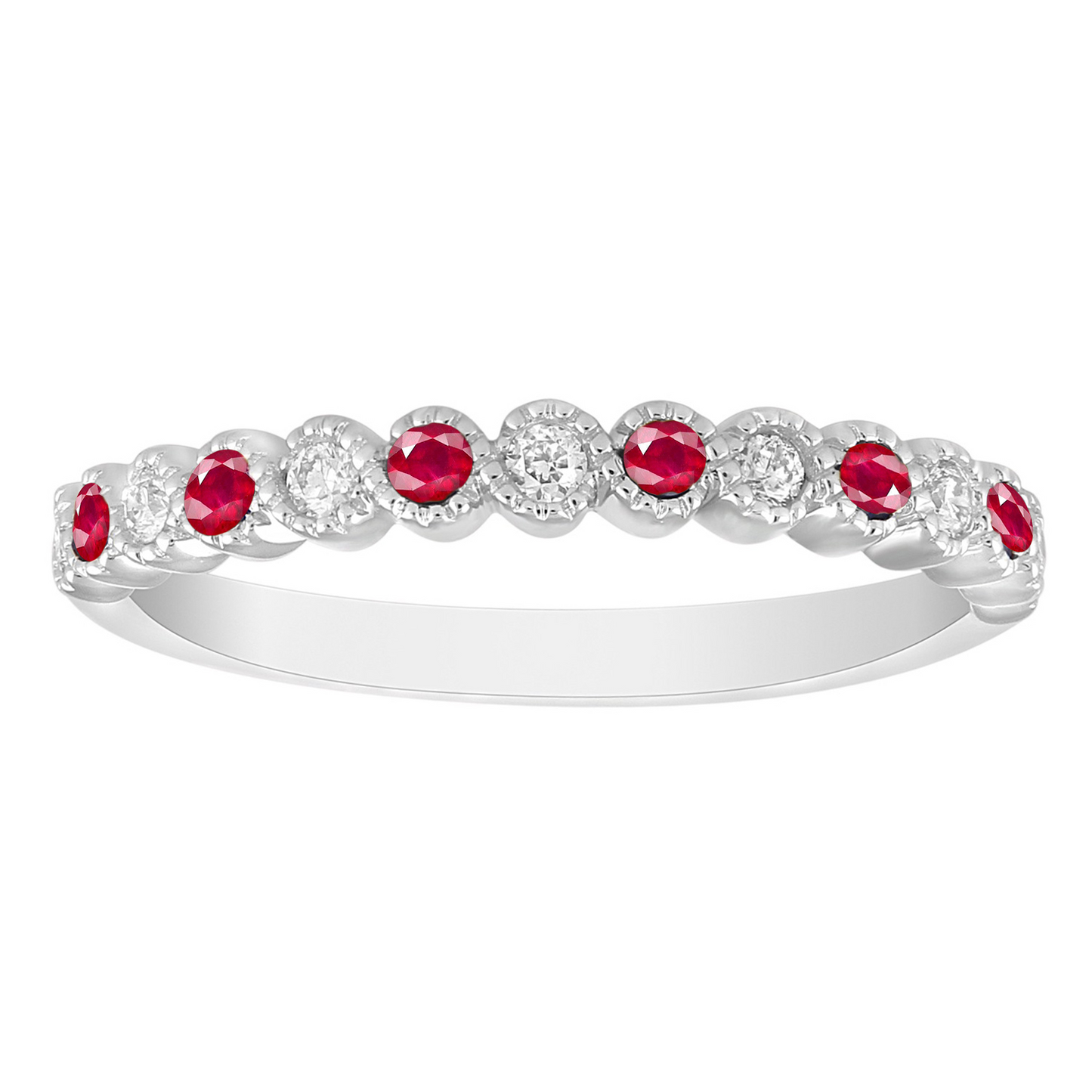 18ct White Gold Diamond & Ruby Half Eternity Milgrain Stackable Band 0.09ct