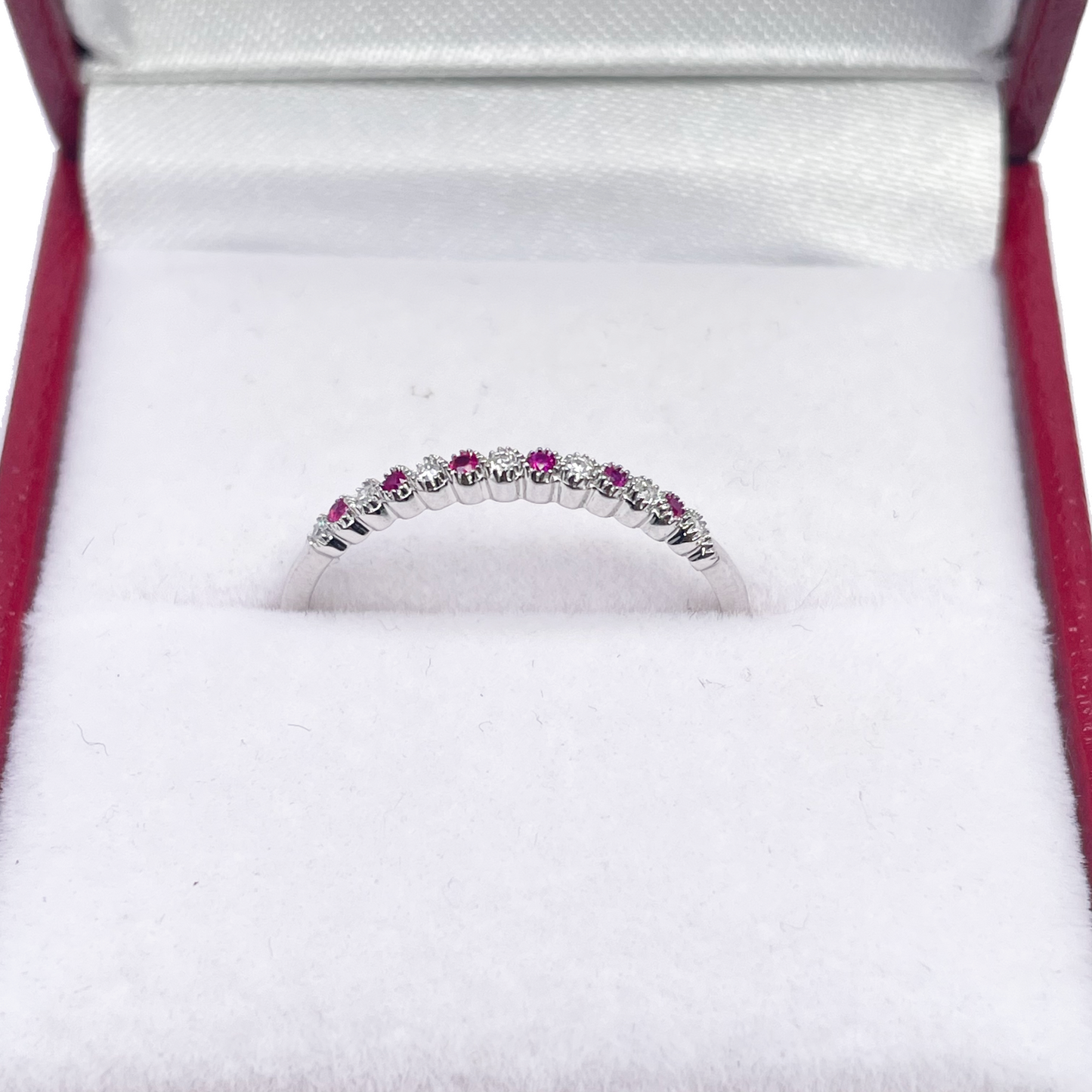 18ct White Gold Diamond & Ruby Half Eternity Milgrain Stackable Band 0.09ct