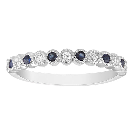 18ct White Gold Diamond & Sapphire Half  Eternity Milgrain Stackable Band 0.09ct