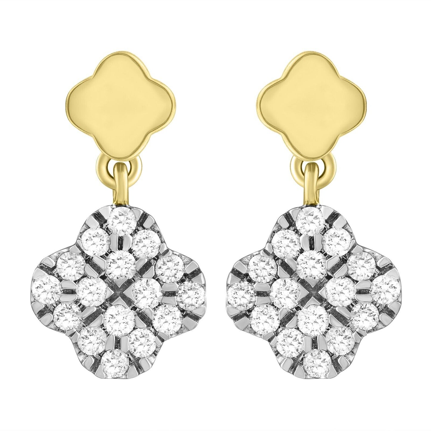14ct Yellow Gold Diamond Clover Drop Cluster Stud Earrings 0.21ct 