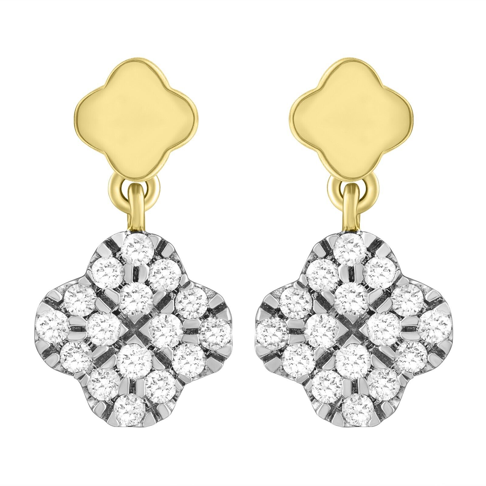 14ct Yellow Gold Diamond Clover Drop Cluster Stud Earrings 0.21ct 