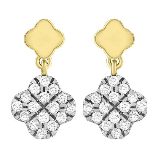 14ct Yellow Gold Diamond Clover Drop Cluster Stud Earrings 0.21ct 