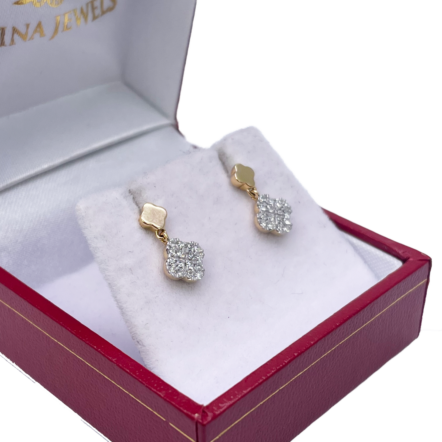 14ct Yellow Gold Diamond Clover Drop Cluster Stud Earrings 0.21ct