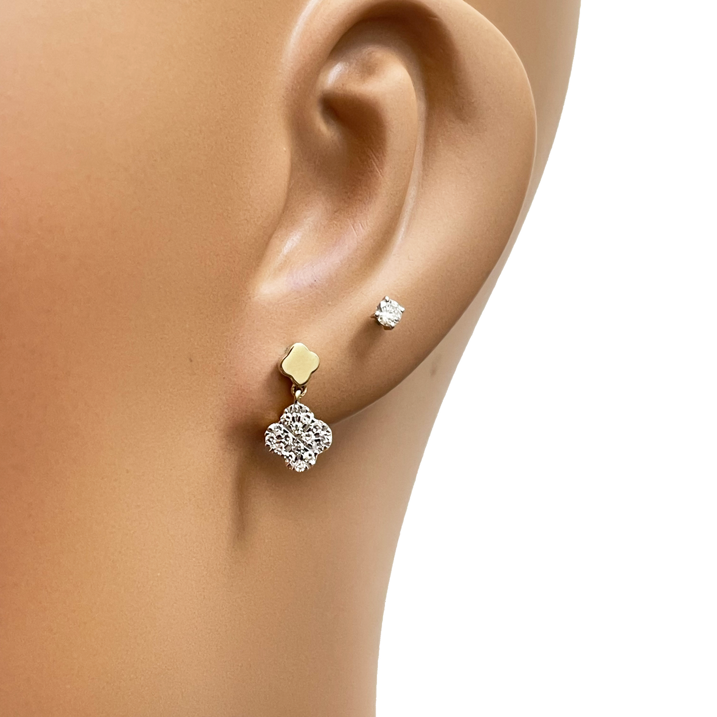 14ct Yellow Gold Diamond Clover Drop Cluster Stud Earrings 0.21ct