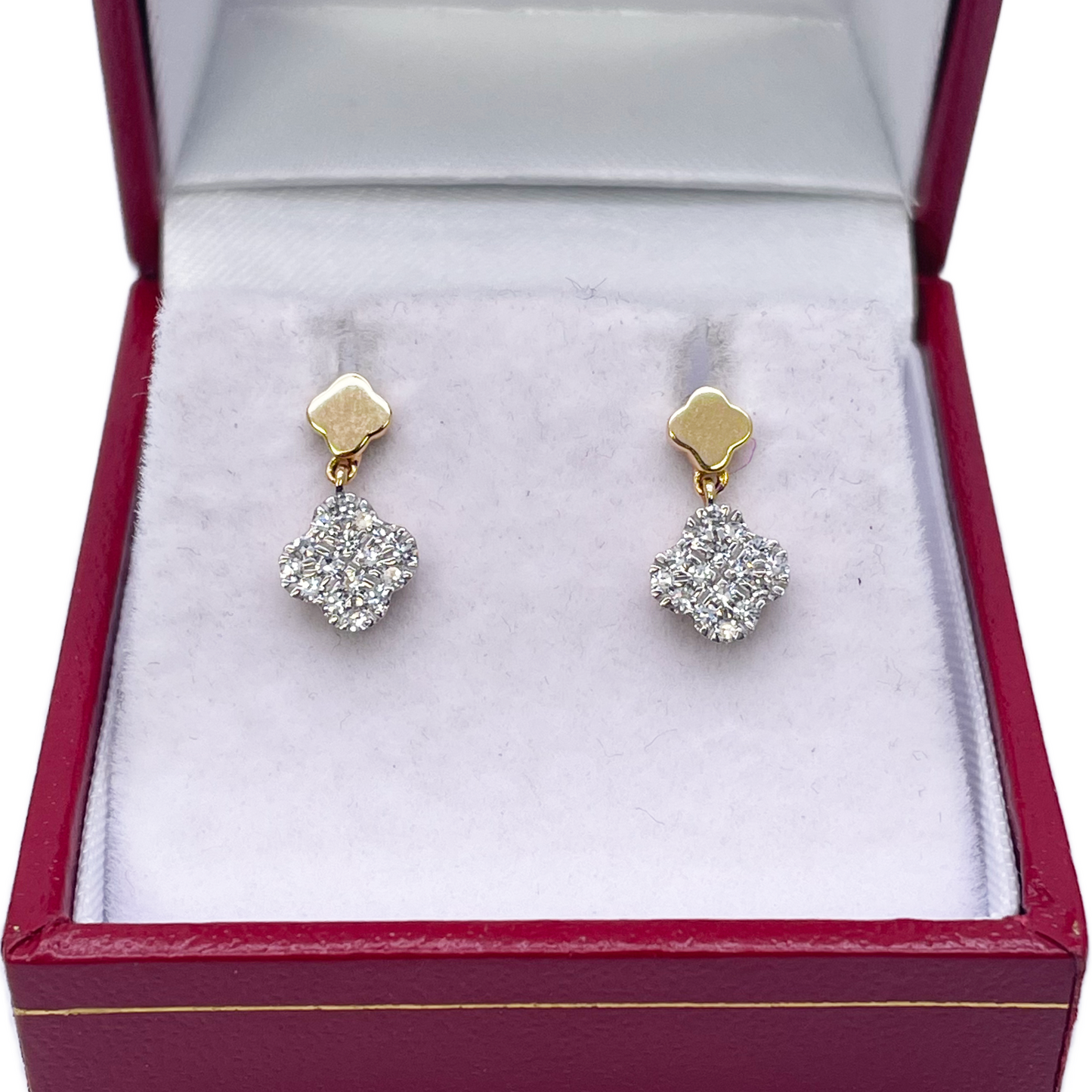 14ct Yellow Gold Diamond Clover Drop Cluster Stud Earrings 0.21ct