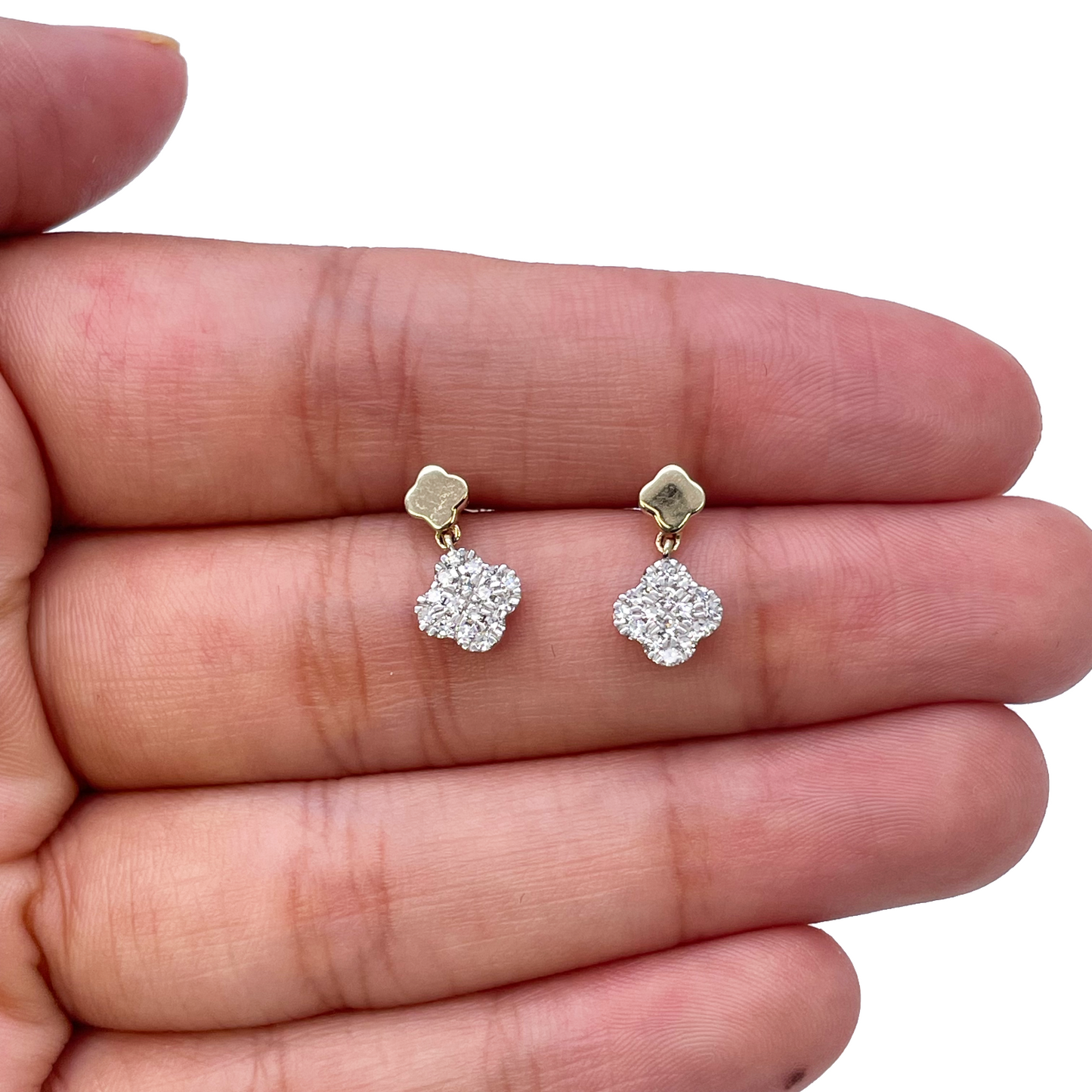 14ct Yellow Gold Diamond Clover Drop Cluster Stud Earrings 0.21ct