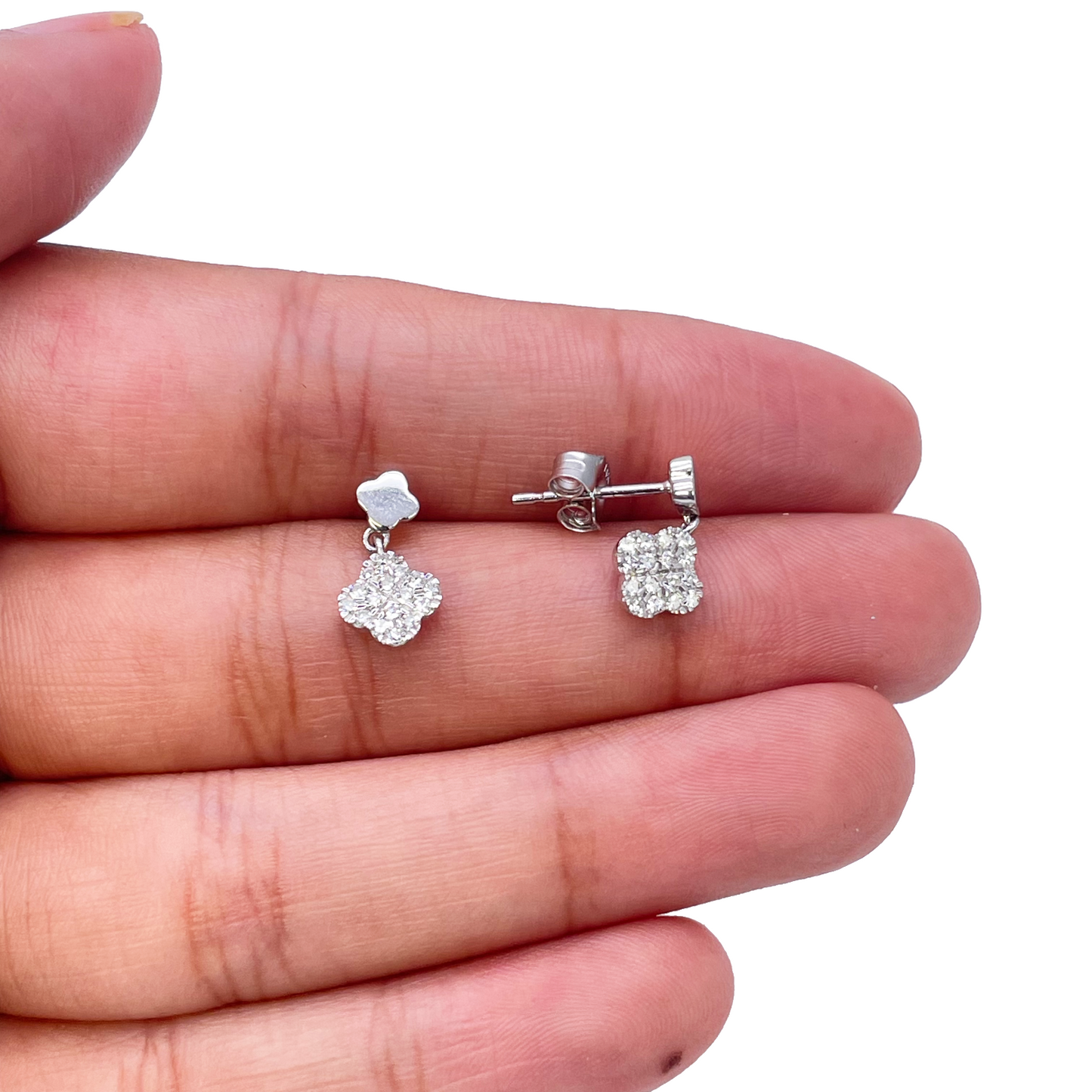 14ct White Gold Diamond Clover Drop Cluster Stud Earrings 0.21ct