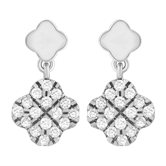 14ct White Gold Diamond Clover Drop Cluster Stud Earrings 0.21ct