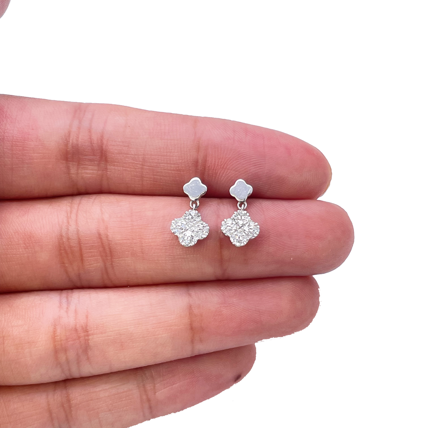 14ct White Gold Diamond Clover Drop Cluster Stud Earrings 0.21ct