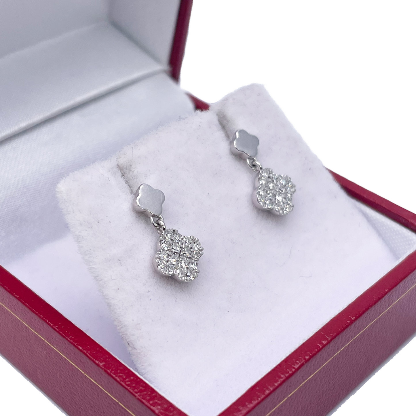 14ct White Gold Diamond Clover Drop Cluster Stud Earrings 0.21ct