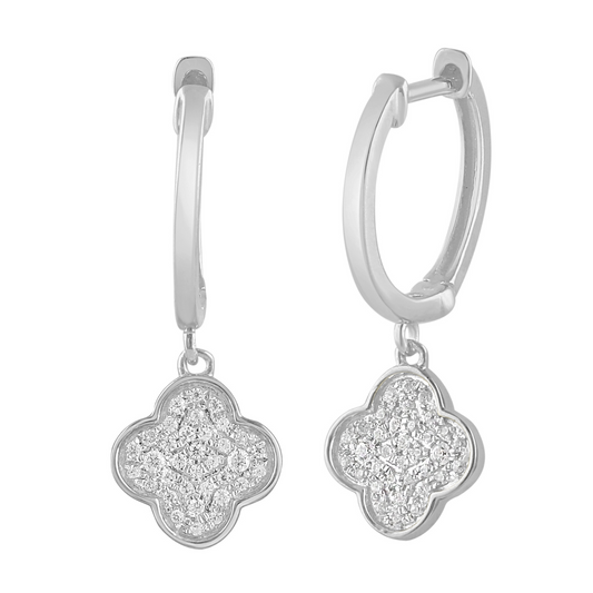 18ct White Gold Diamond Clover  Hoop Drop Cluster Earrings 0.24ct