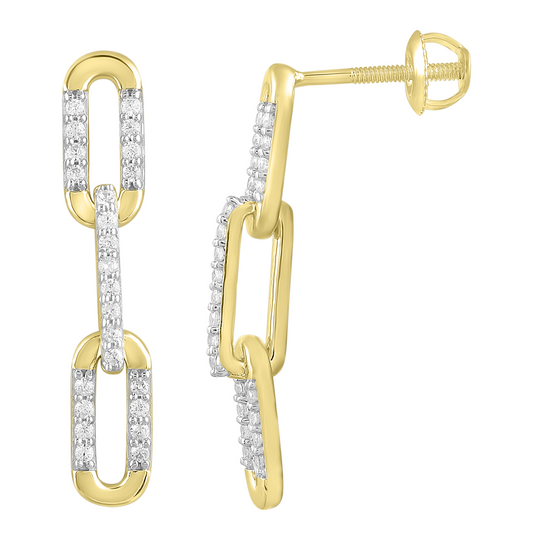 18ct Yellow Gold Paper Clip Triple Link Pave Natural Diamond Earrings 0.23ct