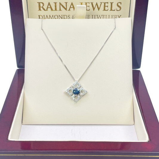 18ct White Gold Diamond & Sapphire Kite Pendant With A 16''inch Chain Necklace 0.77ct