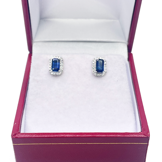 18ct White Gold Natural Blue Sapphire & Diamond Oval Cluster Earrings 0.80ct