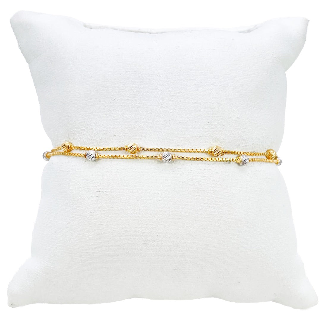 22ct Yellow Gold Double Layered Chain With Two-Tone Diamond Cut Beads Bracelet