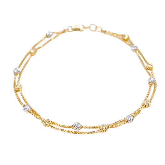 22ct Yellow Gold Double Layered Chain With Two-Tone Diamond Cut Beads Bracelet