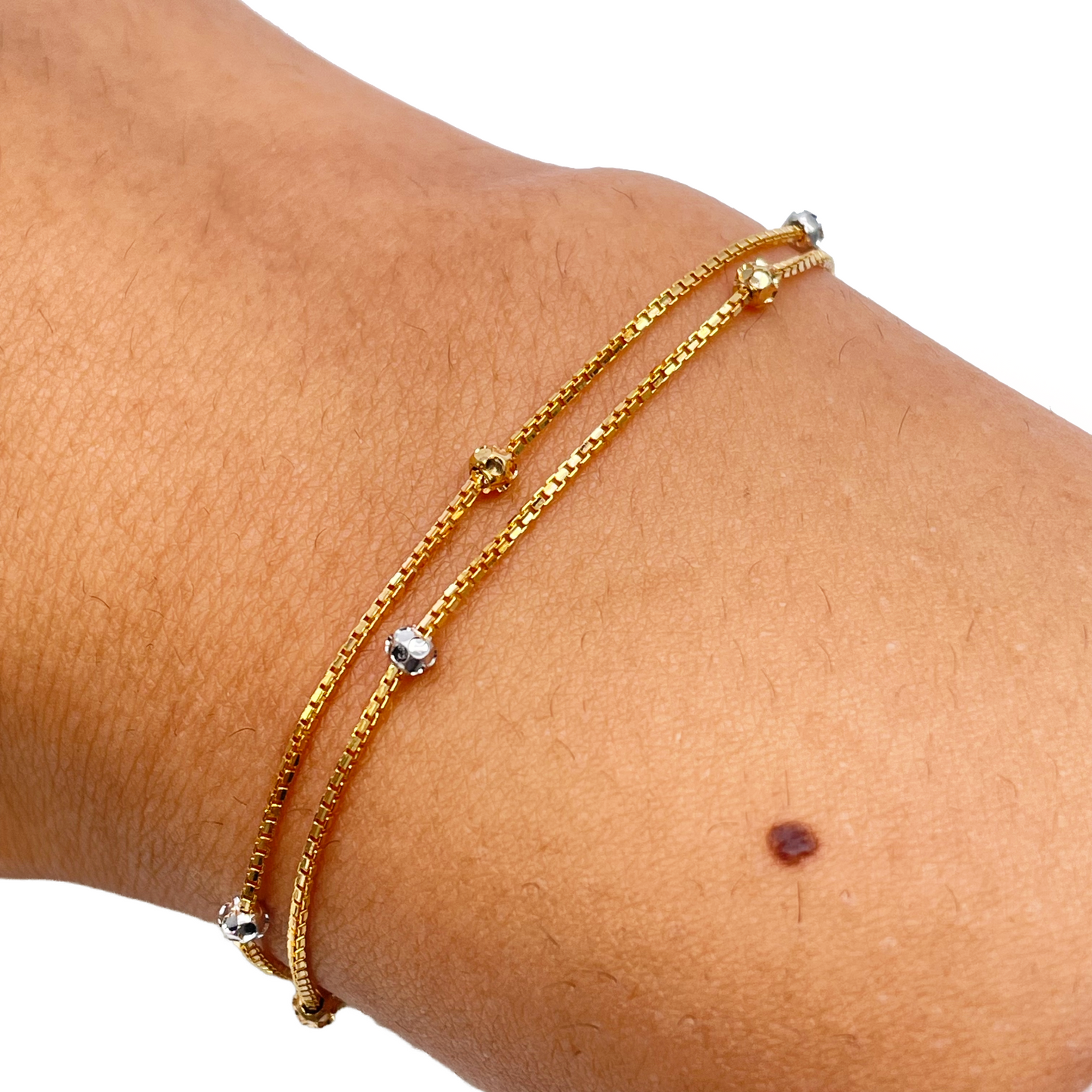 22ct Yellow Gold Double Chain With Two-Tone Diamond Cut Beads Bracelet