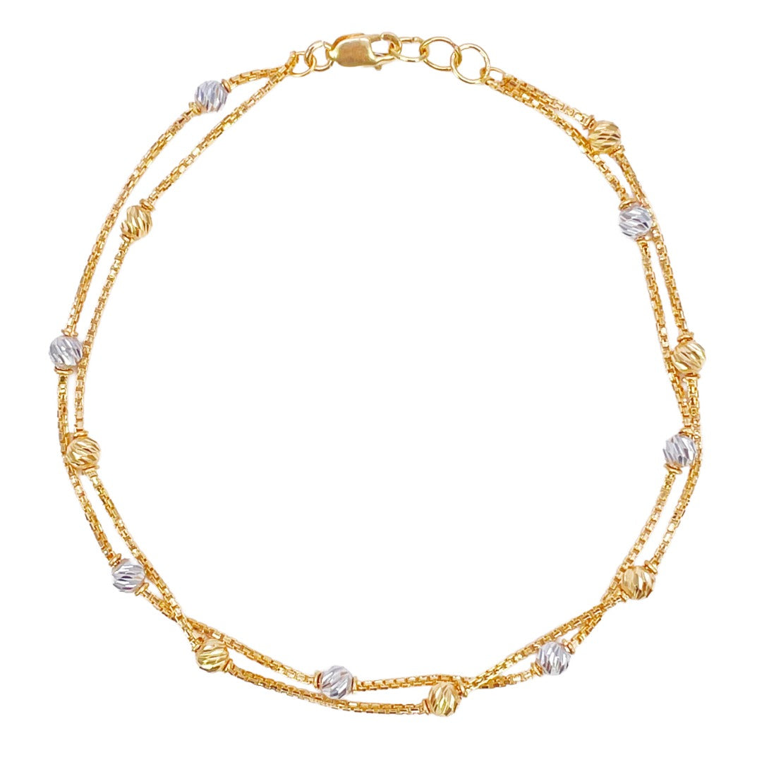 22ct Yellow Gold Double Layered Chain With Two-Tone Diamond Cut Beads Bracelet