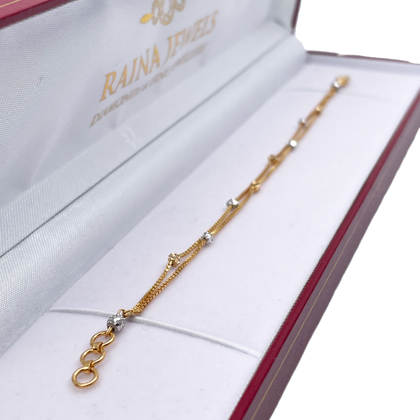 22ct Yellow Gold Double Chain With Two-Tone Diamond Cut Beads Bracelet