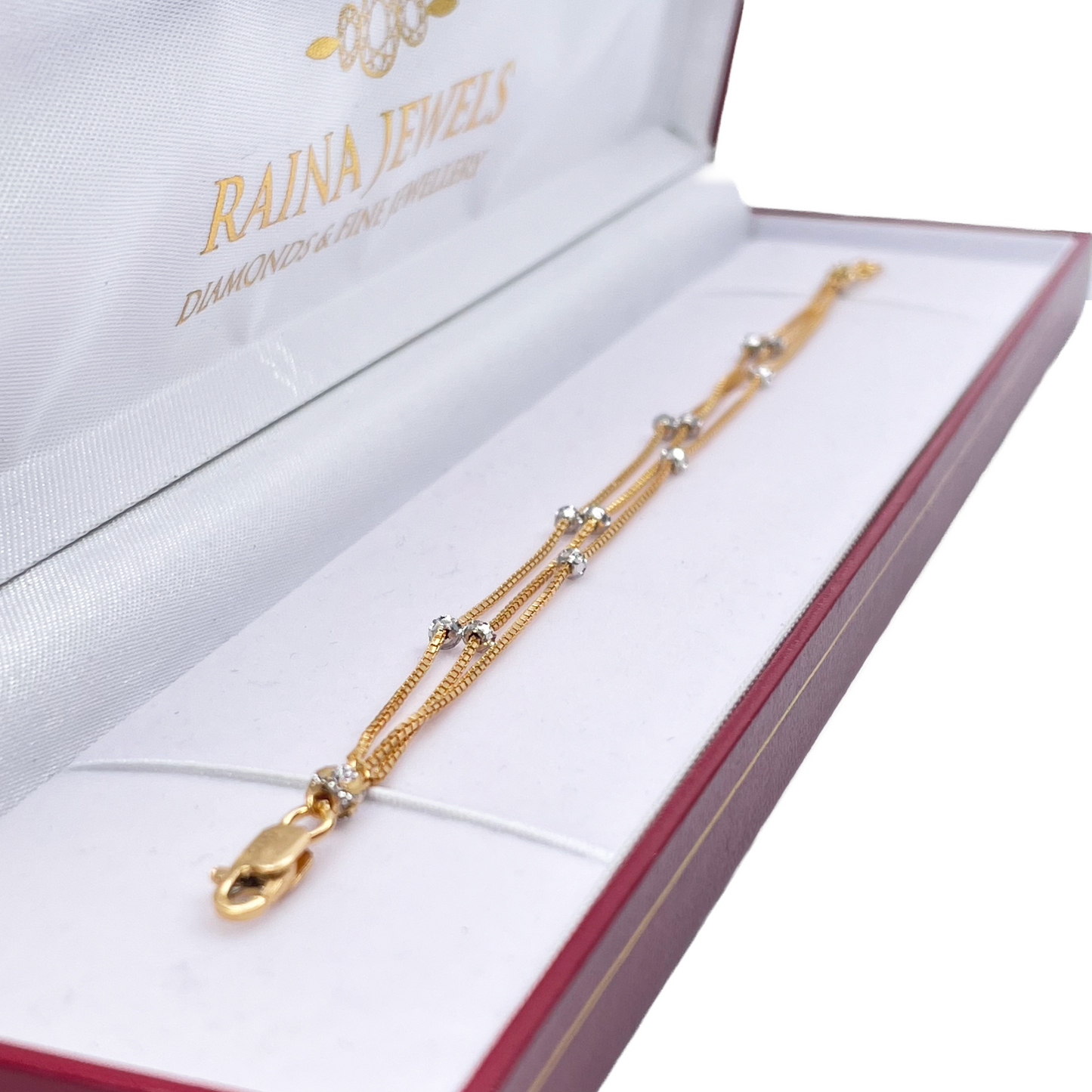 22ct Yellow Gold Two-Tone Triple Chain With Diamond Cut Beads Bracelet