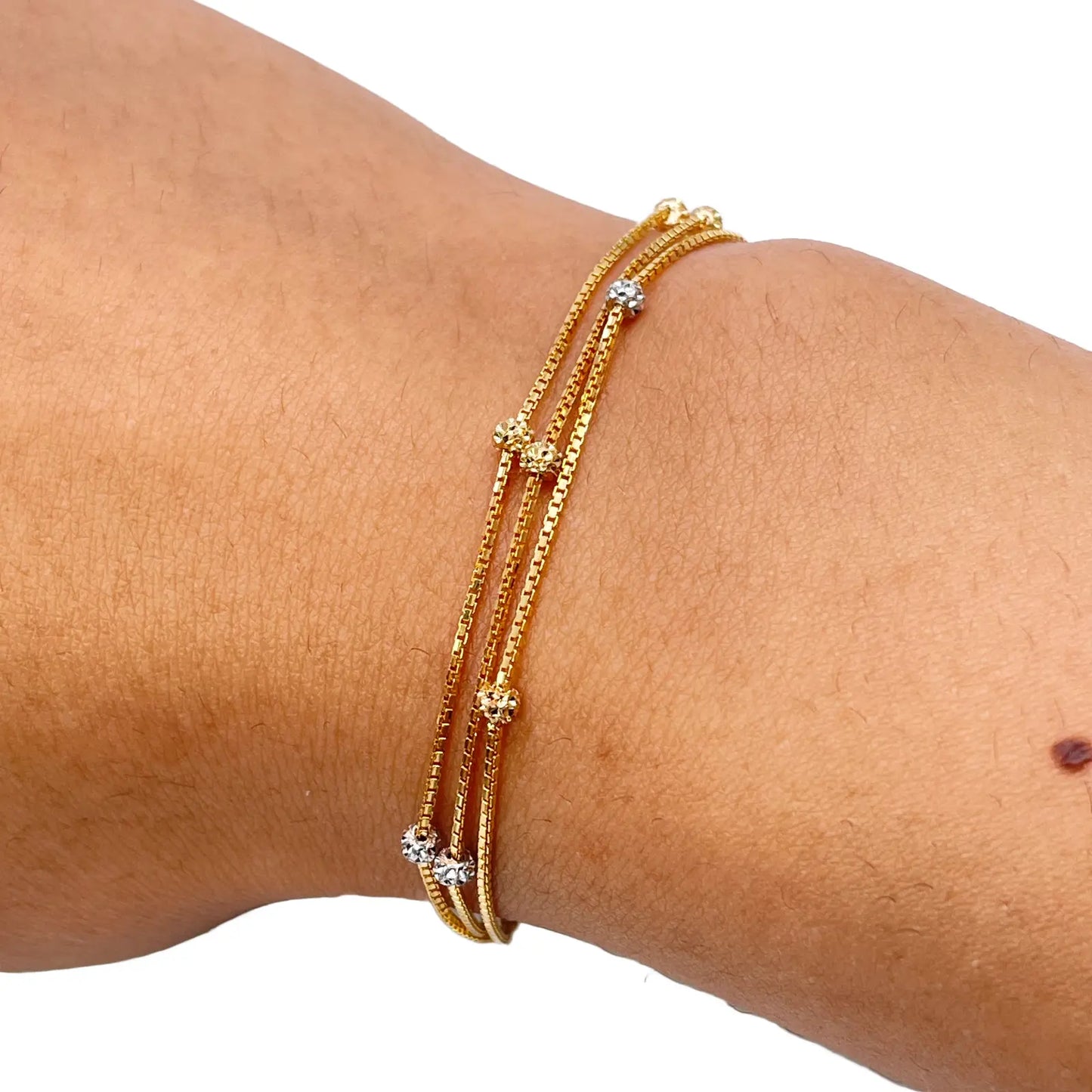 22ct Yellow Gold Triple Layered Chain With Two-Tone Diamond Cut Beads Bracelet 