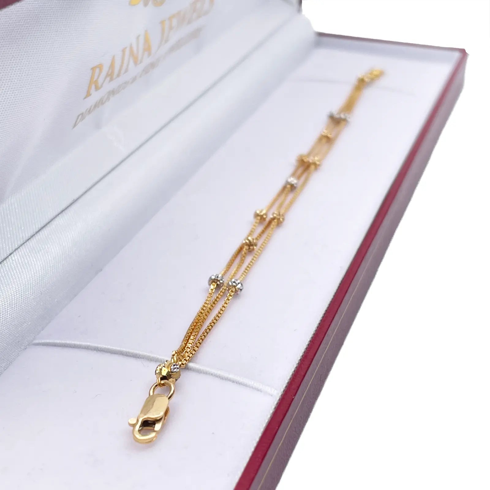 22ct Yellow Gold Triple Layered Chain With Two-Tone Diamond Cut Beads Bracelet 