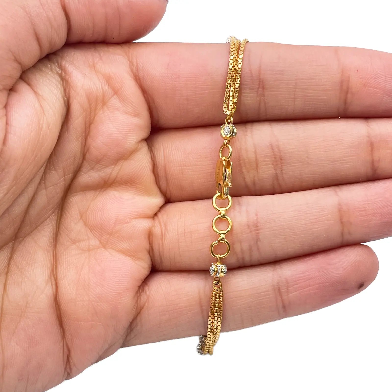 22ct Yellow Gold Triple Layered Chain With Two-Tone Diamond Cut Beads Bracelet 