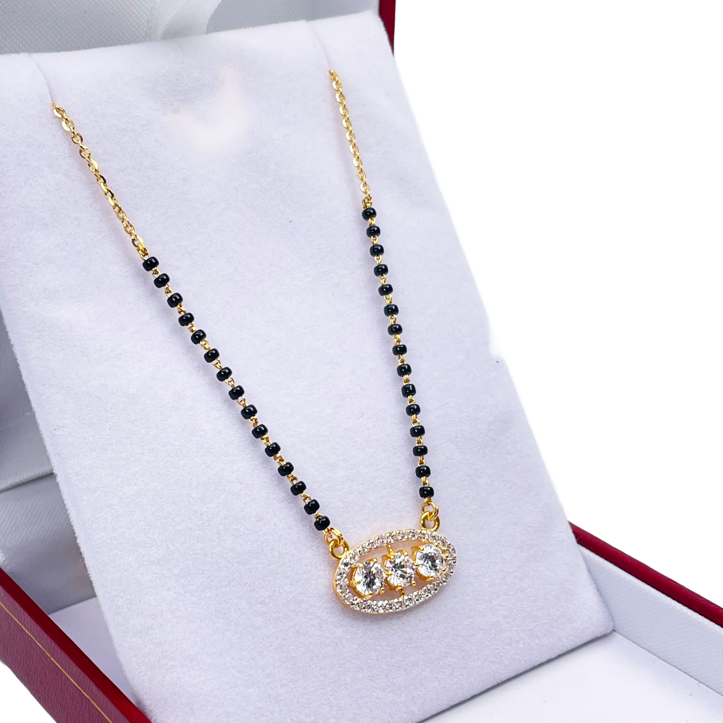 22ct Yellow Gold Cubic Zirconia Three Stone Halo Mangalsutra Necklace 19''inches