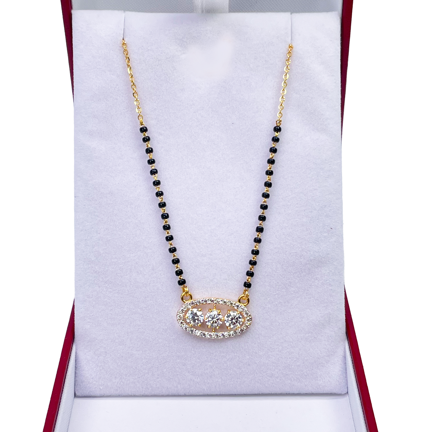 22ct Yellow Gold Cubic Zirconia Three Stone Halo Mangalsutra Necklace 19''inches