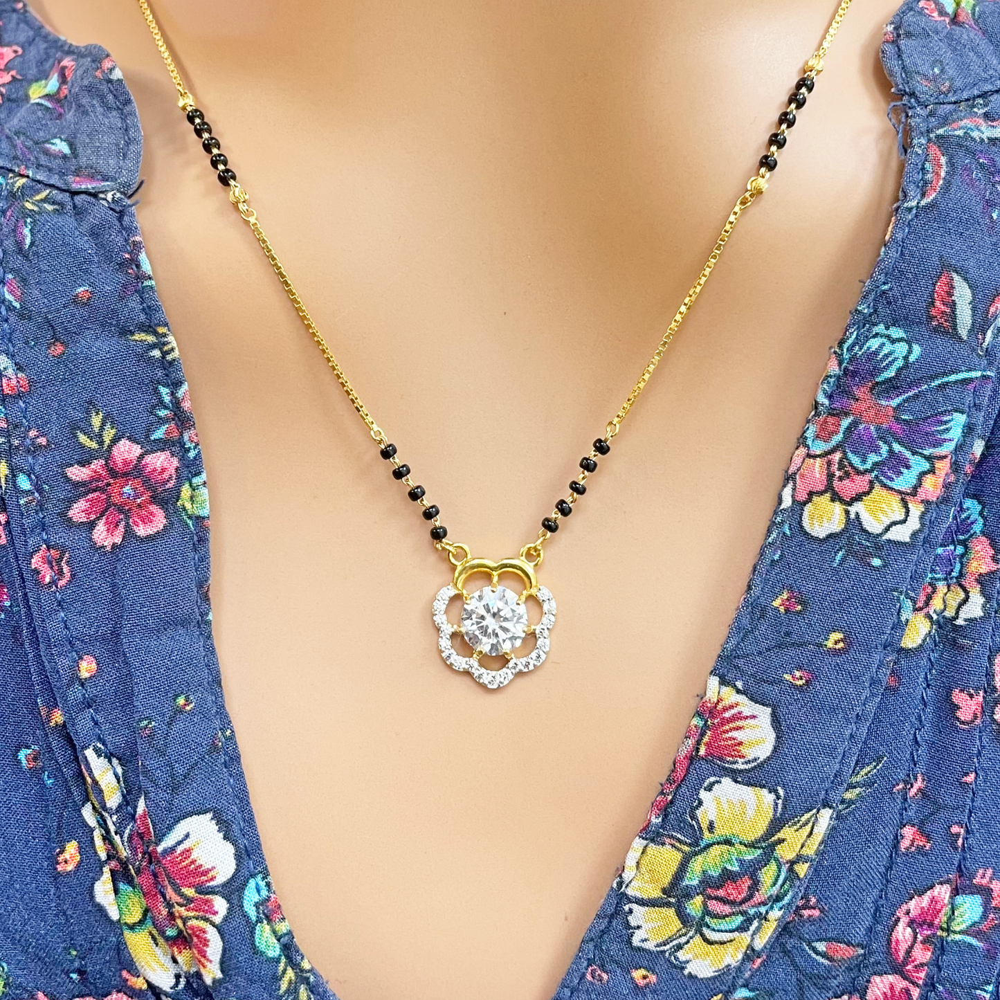 22ct Yellow Gold CZ Floral Mangalsutra Necklace 19