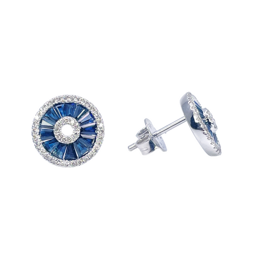 18ct White Gold Natural Blue Sapphire & Diamond Round Stud Earrings 1.78ct