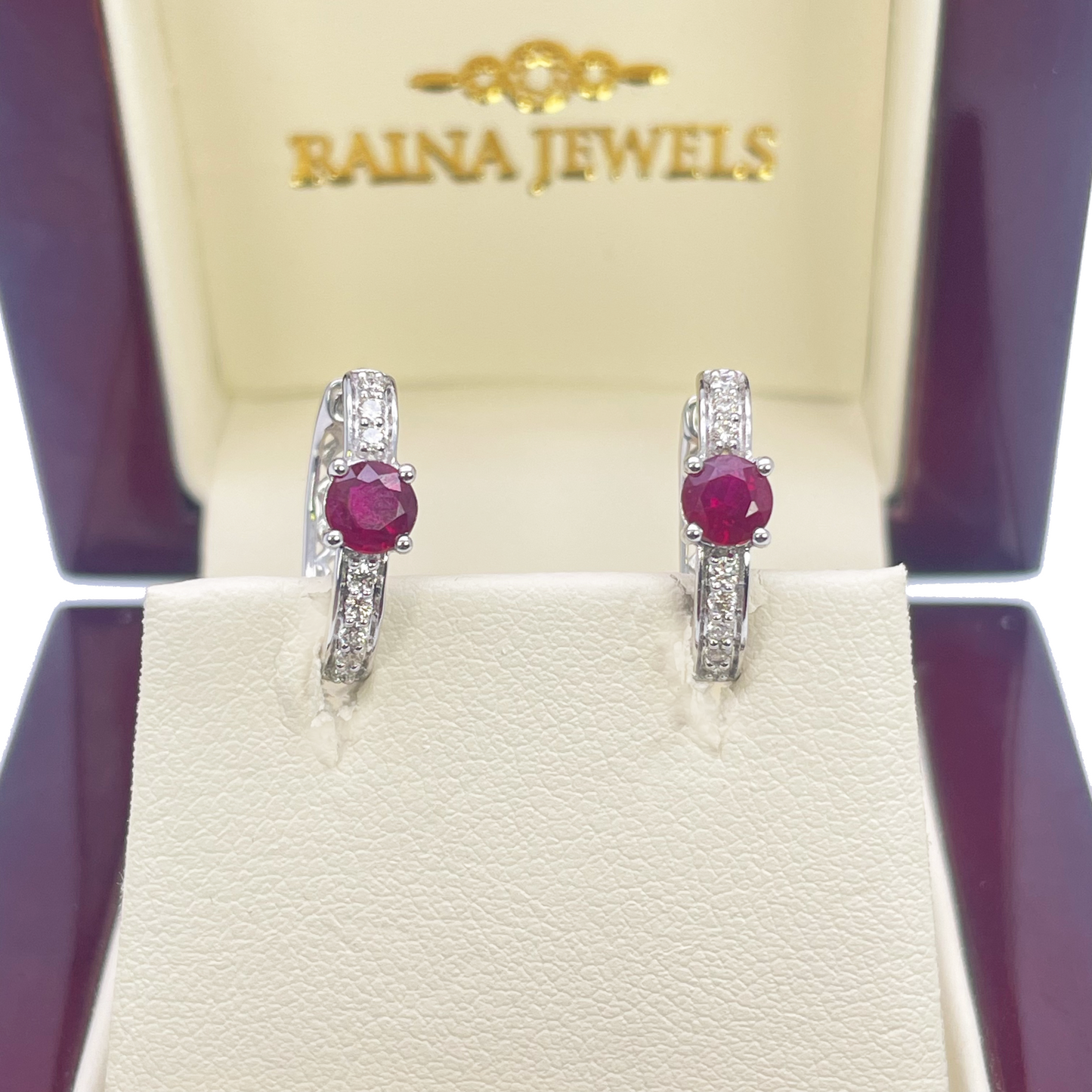 18ct White Gold Natural Ruby Prong & Diamond Huggie Hoop Earrings 0.92ct