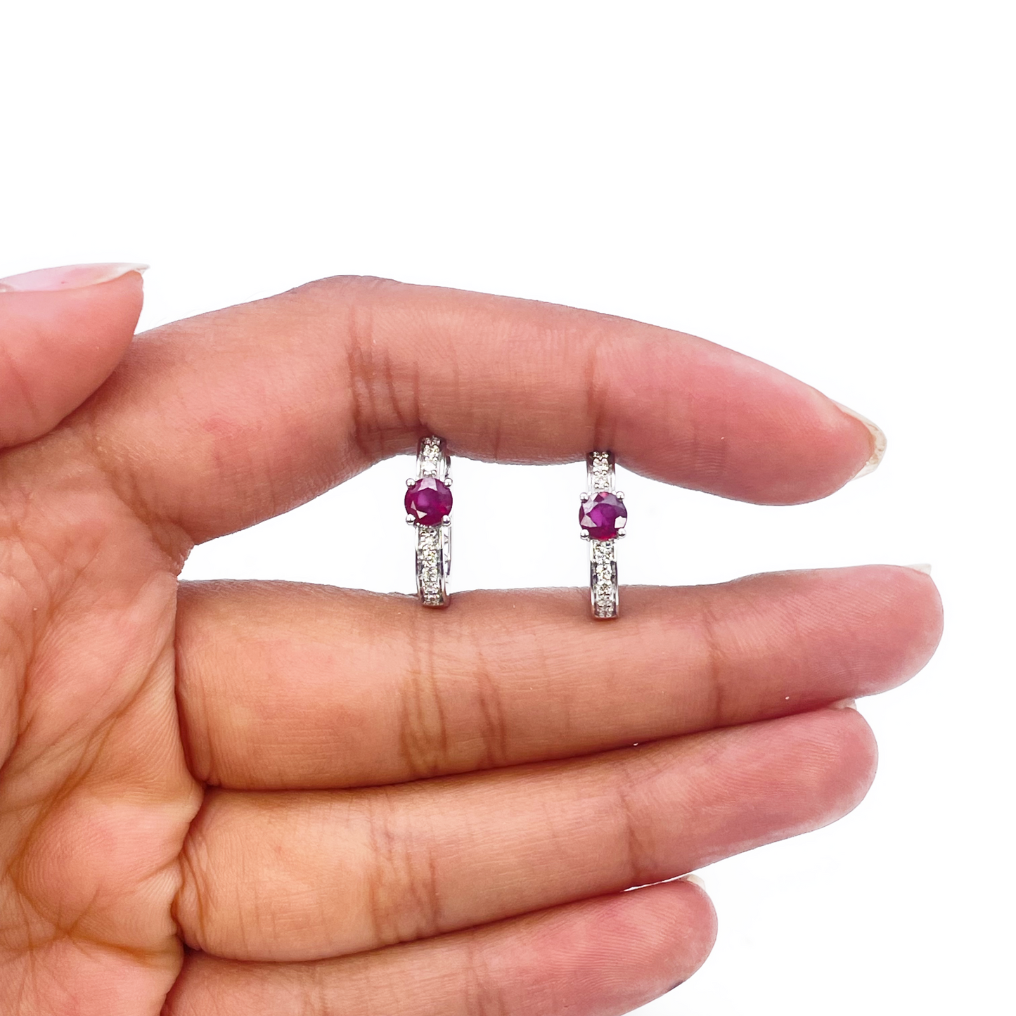 18ct White Gold Natural Ruby Prong & Diamond Huggie Hoop Earrings 0.92ct