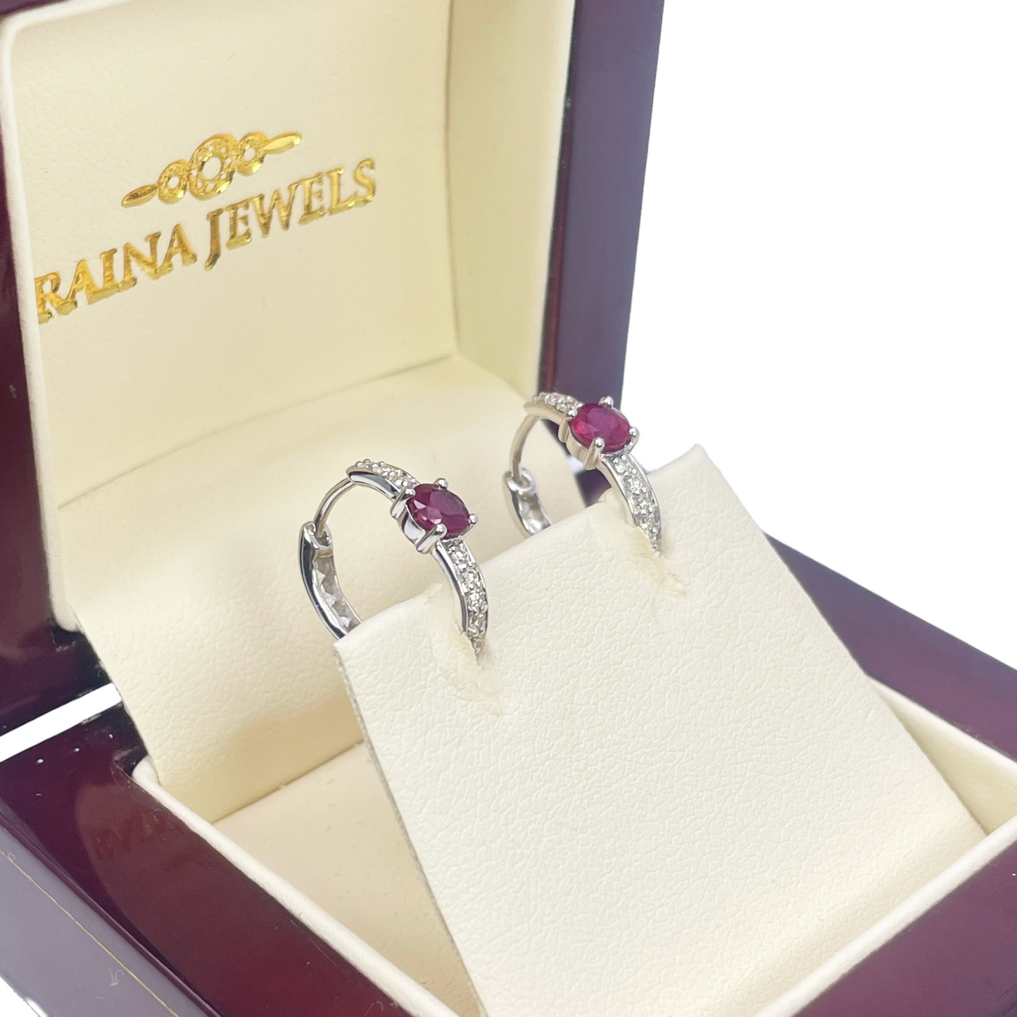 18ct White Gold Natural Ruby Prong & Diamond Huggie Hoop Earrings 0.92ct