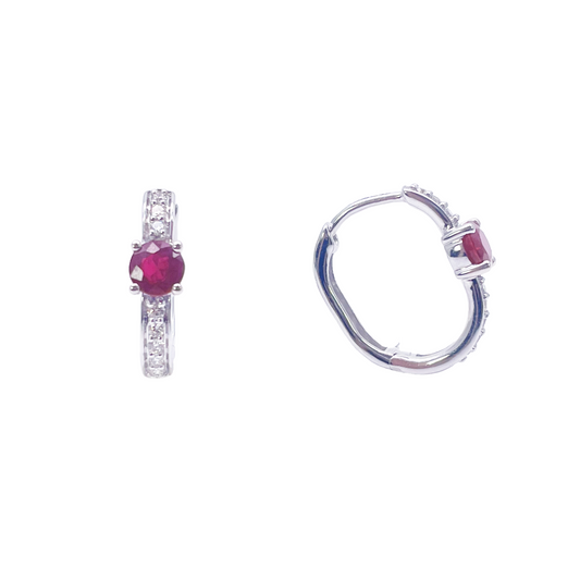 18ct White Gold Natural Ruby Prong & Diamond Huggie Hoop Earrings 0.92ct