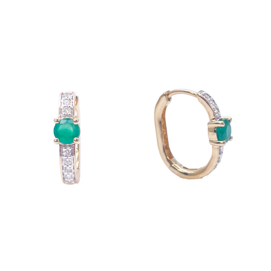 18ct Yellow Gold Natural Emerald Prong & Diamond Huggie Hoop Earrings 0.60ct