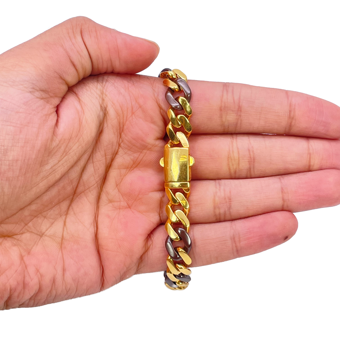 22ct Yellow Gold & Brown Lightweight Gents Two-Tone Cuban Link Curb Bracelet 7.6"inches