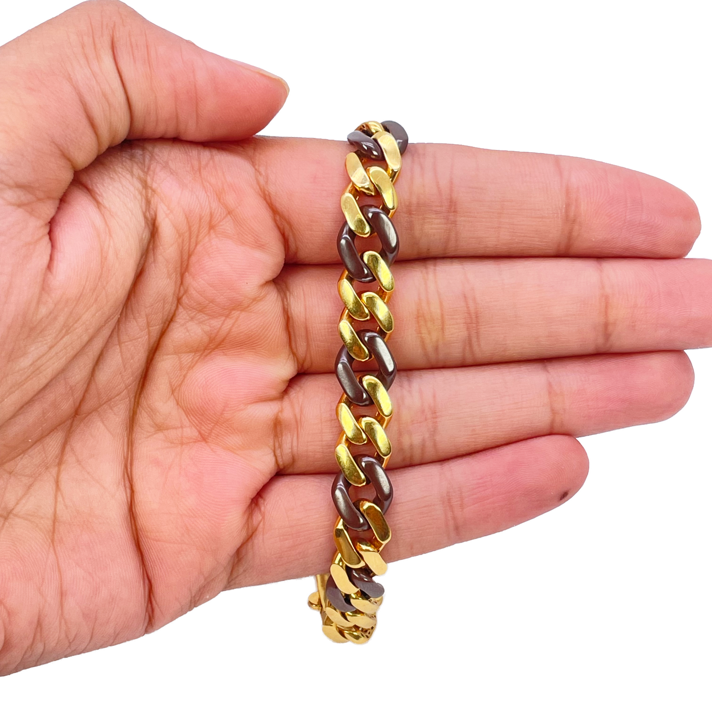 22ct Yellow Gold & Brown Lightweight Gents Two-Tone Cuban Link Curb Bracelet 7.6"inches