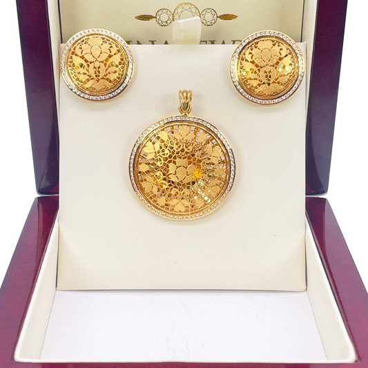 22ct Yellow Gold Round Floral Dome Halo Pendant and Round Earrings Set